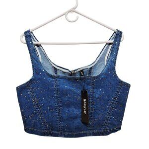 Allegra K Womens Studded Denim Crop Top With Zipper Closure Medium
